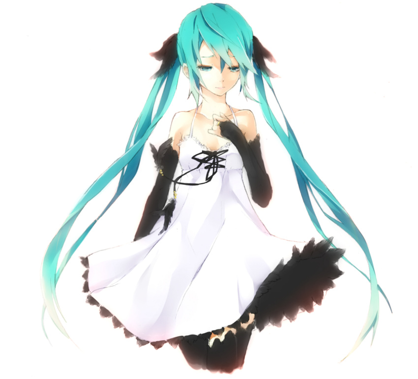 aqua_eyes, aqua_hair, bare_shoulders, black_legwear, bridal_gauntlets, dress, elbow_gloves, gloves