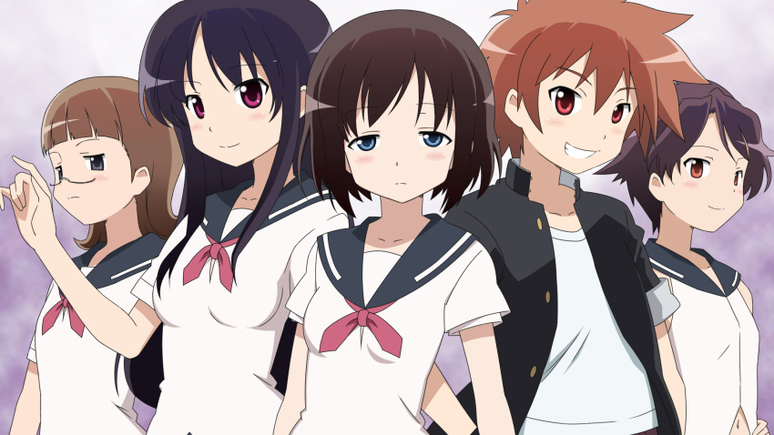 black_hair, blue_eyes, blue_hair, blush, brown_hair, eguchi_sera, funakubo_hiroko, glasses