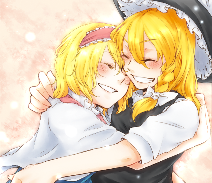 alice_margatroid, blonde_hair, bow, fuji_tsugu, grin, hair_bow, hairband, hug