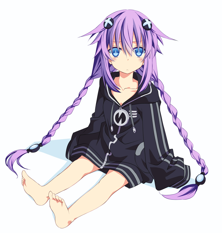 barefoot, blue_eyes, blush, braid, child, choujigen_game_neptune, collarbone, ears