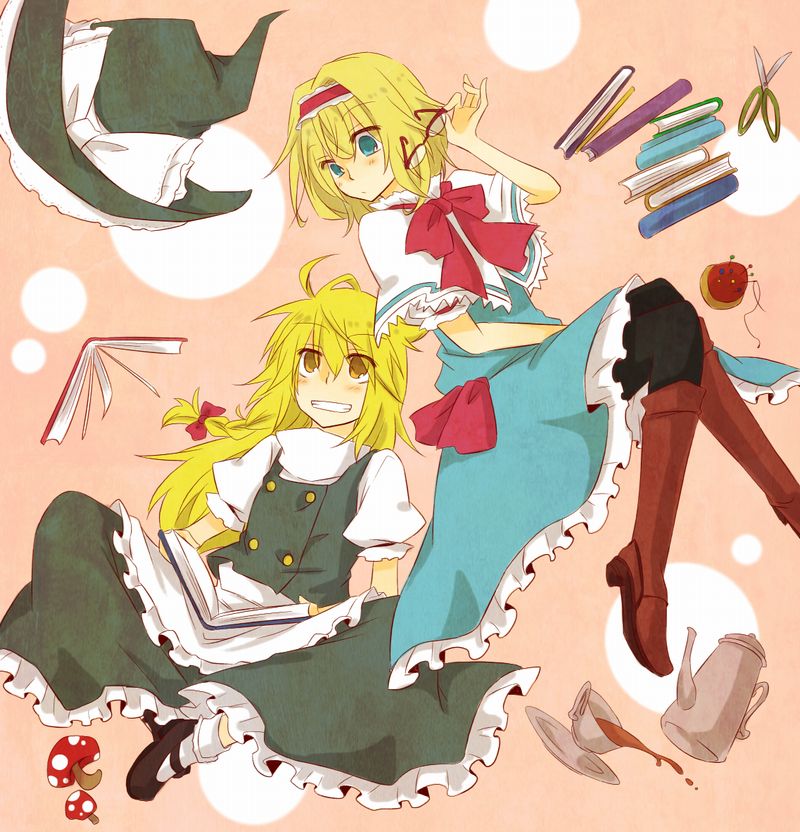 alice_margatroid, black_legwear, blonde_hair, blue_dress, book, boots, bow, braid
