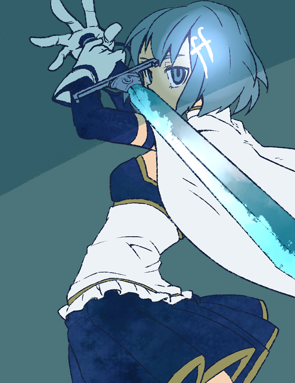 armband, blue_background, blue_eyes, blue_hair, cape, gloves, hair_ornament, hairclip, hinamiko, magical_girl, mahou_shoujo_madoka_magica, mahou_shoujo_madoka_magica_movie, miki_sayaka, simple_background, solo, sword, weapon