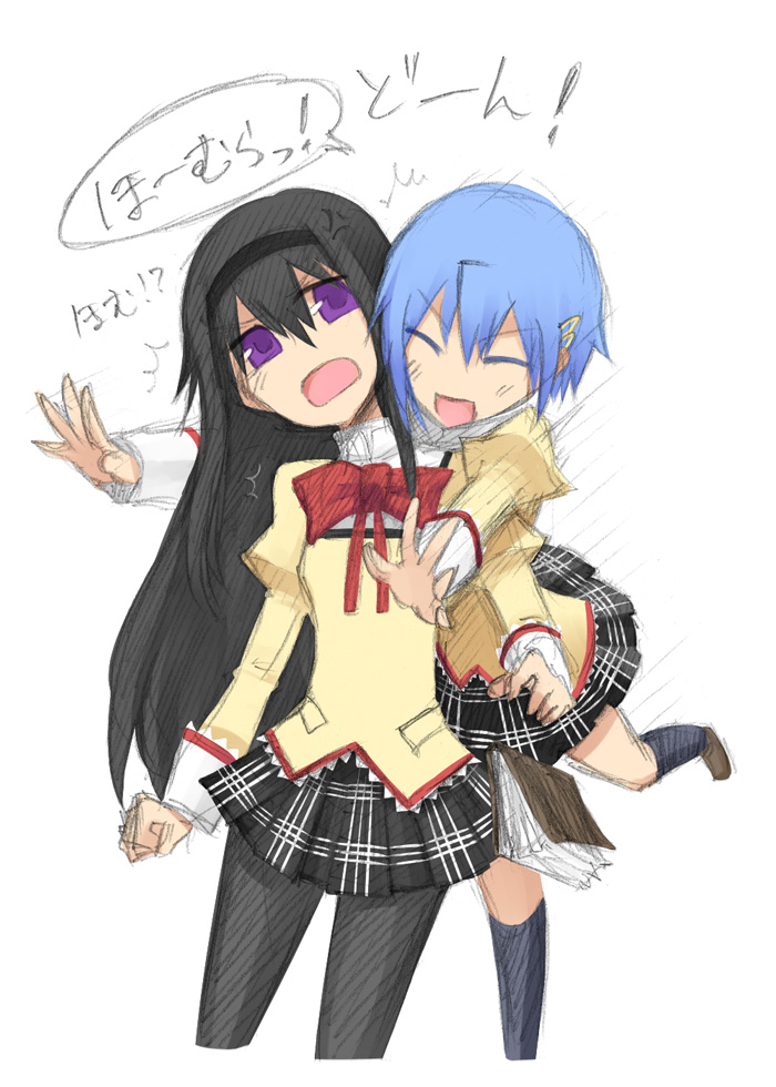 akemi_homura, anger_vein, black_hair, blue_hair, book, closed_eyes, drop, eyes_closed