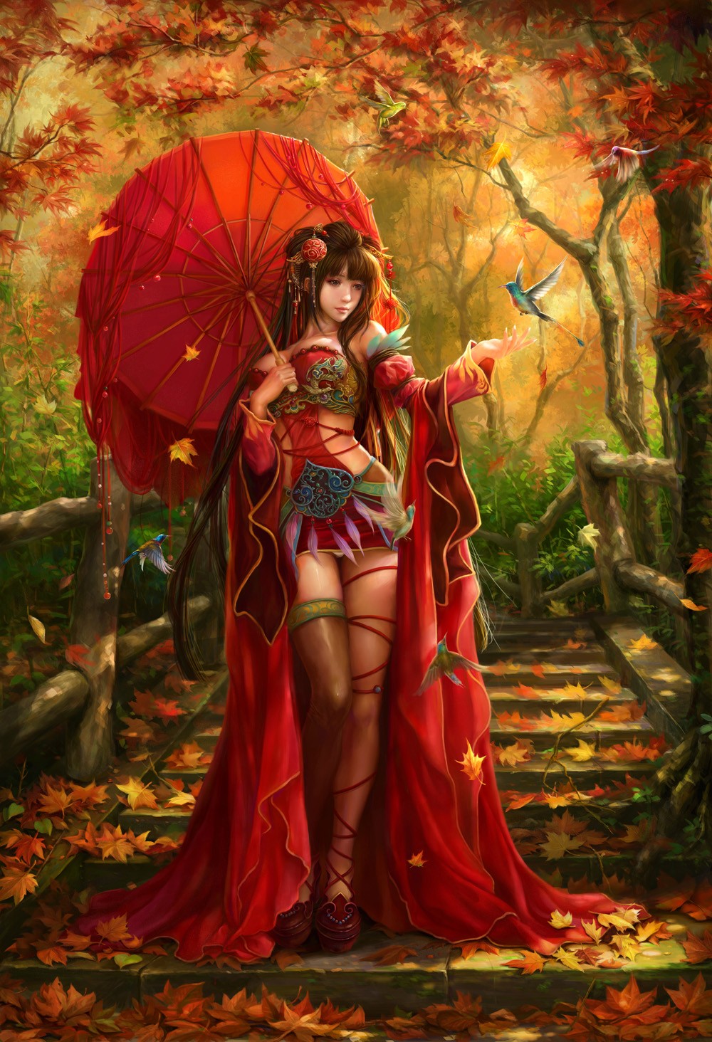 autumn, autumn_leaves, bangs, bird, breasts, brown_hair, detached_sleeves, hair_ornament