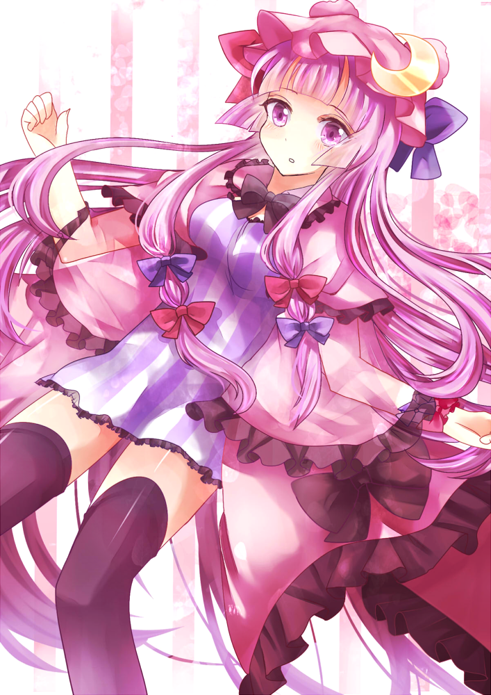 aliprojectlove, black_legwear, breasts, cleavage, crescent, dress, hair_ribbon, hat