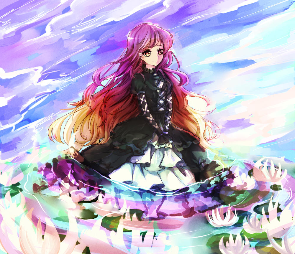aliprojectlove, dress, gradient_hair, hijiri_byakuren, lily_pad, long_hair, multicolored_hair, partially_submerged