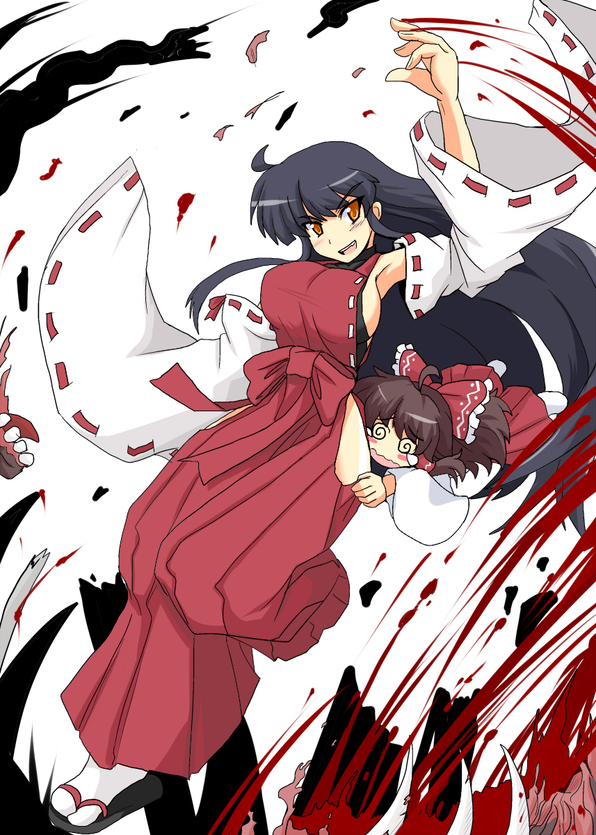 @_@, ahoge, armpits, battle, black_hair, blood, blush_stickers, bow, breasts, brown_eyes, brown_hair, detached_sleeves, hair_bow, hair_tubes, hakama, hakurei_reimu, hakurei_reimu_(pc-98), harukatron, highres, japanese_clothes, large_breasts, leotard, long_hair, m.u.g.e.n, multiple_girls, nontraditional_miko, oni, payot, sandals, sendai_hakurei_no_miko, sideboob, socks, tears, touhou, touhou_(pc-98), wavy_mouth, wide_sleeves, young