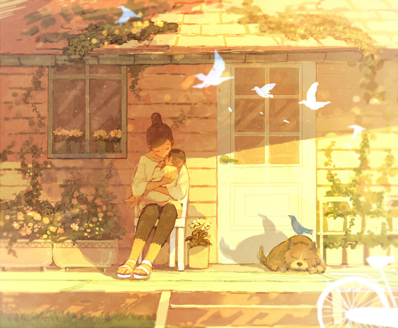 1girl, baby, bicycle, bird, black_hair, chair, dog, door