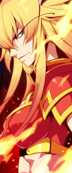 armor, blonde_hair, blue_eyes, kyousaku, long_hair, mygrimoire, original, phenex_(mygrimoire), profile, red_background, smile, solo