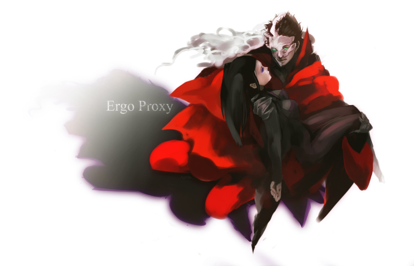 1girl, areno, black_hair, breasts, carrying, ergo_proxy, ergo_proxy_(character), eyeshadow