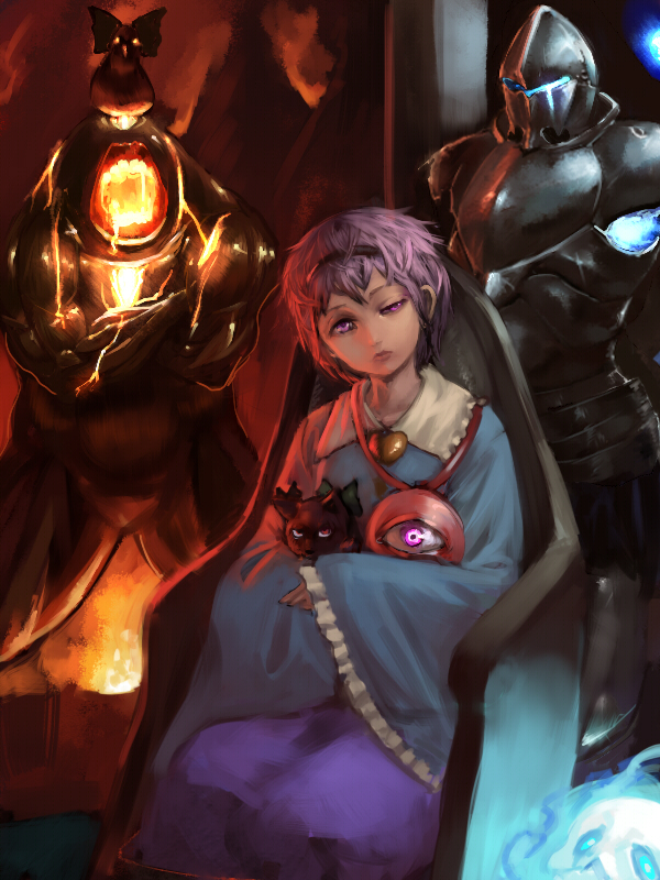 armor, bow, fire, hairband, heart, holding, inishie_kumo, kaenbyou_rin