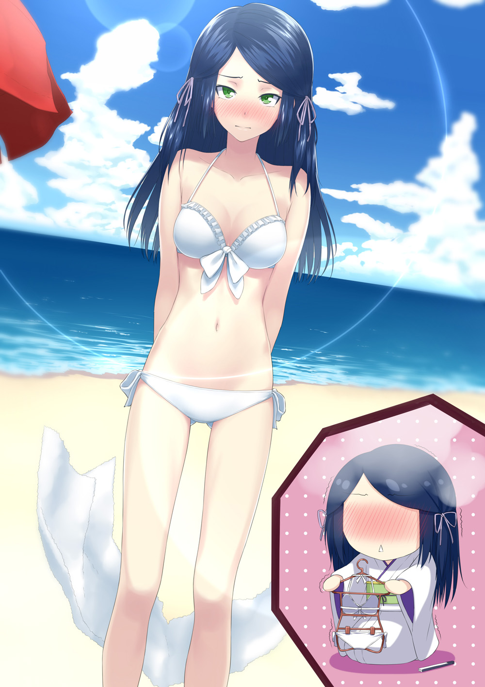 b.a.d., beach, bikini, black_hair, blush, breasts, chibi, cleavage, cloud, collarbone, front-tie_top, full-face_blush, green_eyes, hair_ribbon, highres, inset, japanese_clothes, juu_ho, kimono, lens_flare, long_hair, minase_shirayuki, navel, no_eyes, ribbon, side-tie_bikini, sky, swimsuit, towel, water, white_bikini