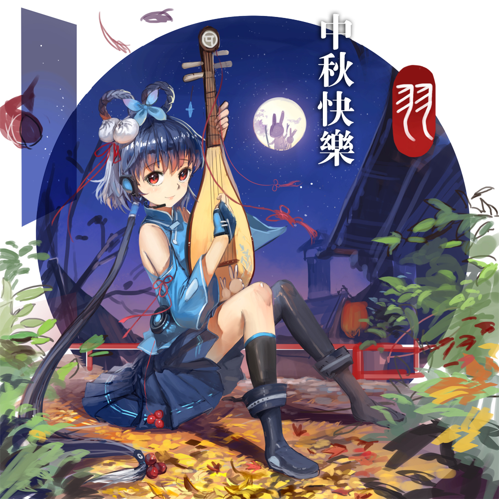 1girl, architecture, asymmetrical_legwear, autumn_leaves, baozi, bare_shoulders, black_shoes, black_socks