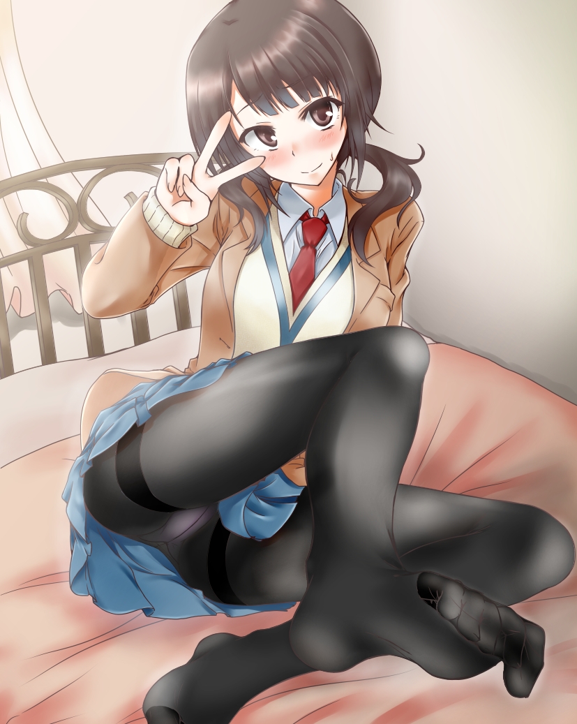 1girl, bed, black_legwear, blazer, blush, brown_eyes, brown_hair, error