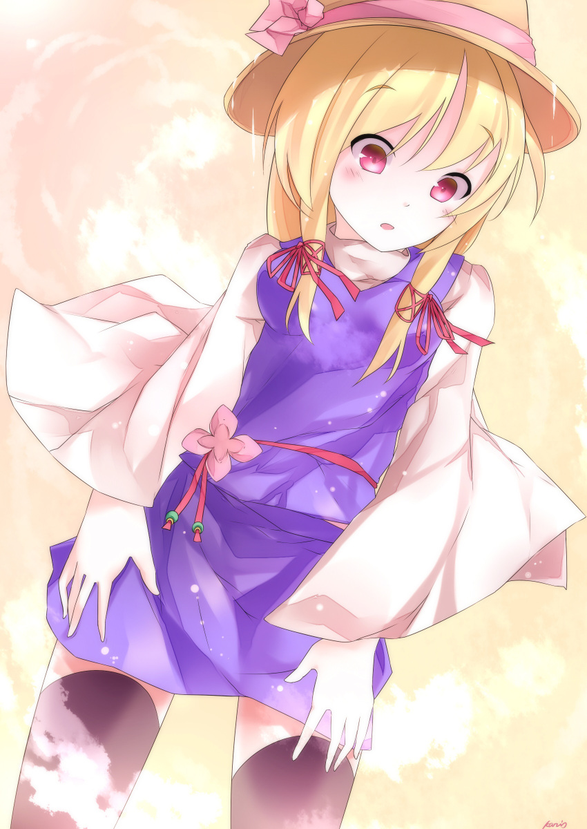 absurdres, bangs, black_legwear, blonde_hair, blush, hair_ribbon, hat, hat_ribbon