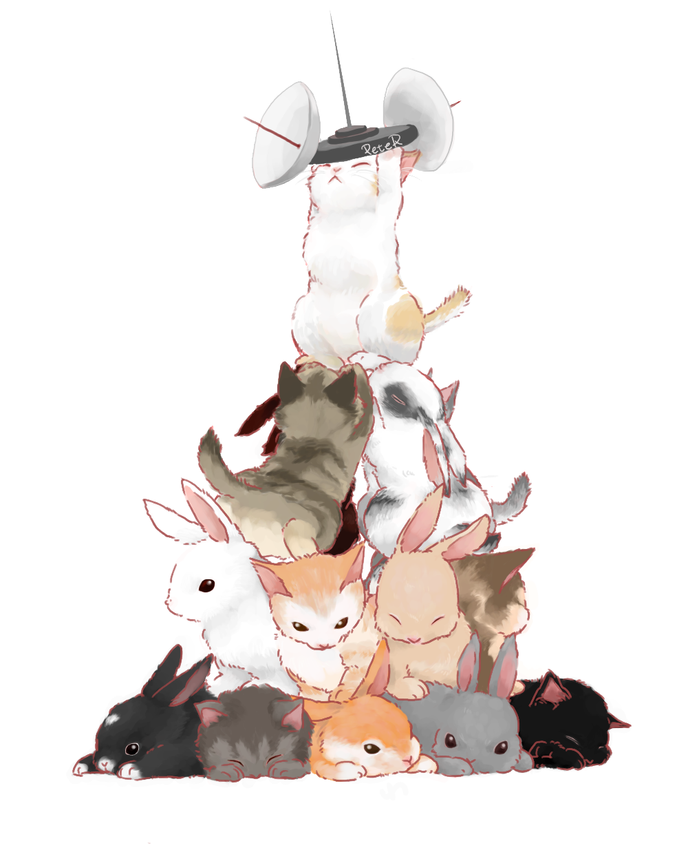 animal_tower, black_eyes, bunny, cat, closed_eyes, eyes_closed, highres, kitten, no_humans, on_stomach, original, rabbit, radar, shanks-ace, simple_background, support, white_background