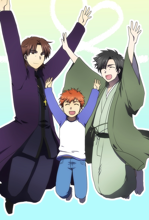 brown_hair, emiya_kiritsugu, emiya_shirou, fate/stay_night, fate_(series), japanese_clothes, jumping, kimono, kotomine_kirei, male, multiple_boys, raglan_sleeves, red_hair, redhead, umigumo