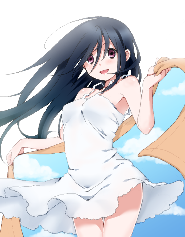 bare_shoulders, black_hair, blanket, blue_sky, cloud, clouds, dress, ekra, komori_kiri, oekaki, purple_eyes, sayonara_zetsubou_sensei, sky, smile, solo, sundress, thigh_gap, violet_eyes, white_dress