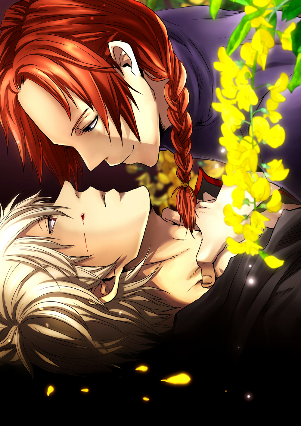 asphyxiation, bad_id, blood, blood_on_face, blue_eyes, braid, choking, flower