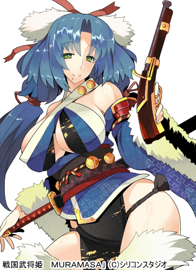 antique_firearm, bare_shoulders, blue_hair, breasts, firelock, flintlock, green_eyes, large_breasts, long_hair, matchlock, mole, ryuuta_(msxtr), sengoku_bushou_hime_muramasa, shimazu_takahisa, solo, sword, weapon