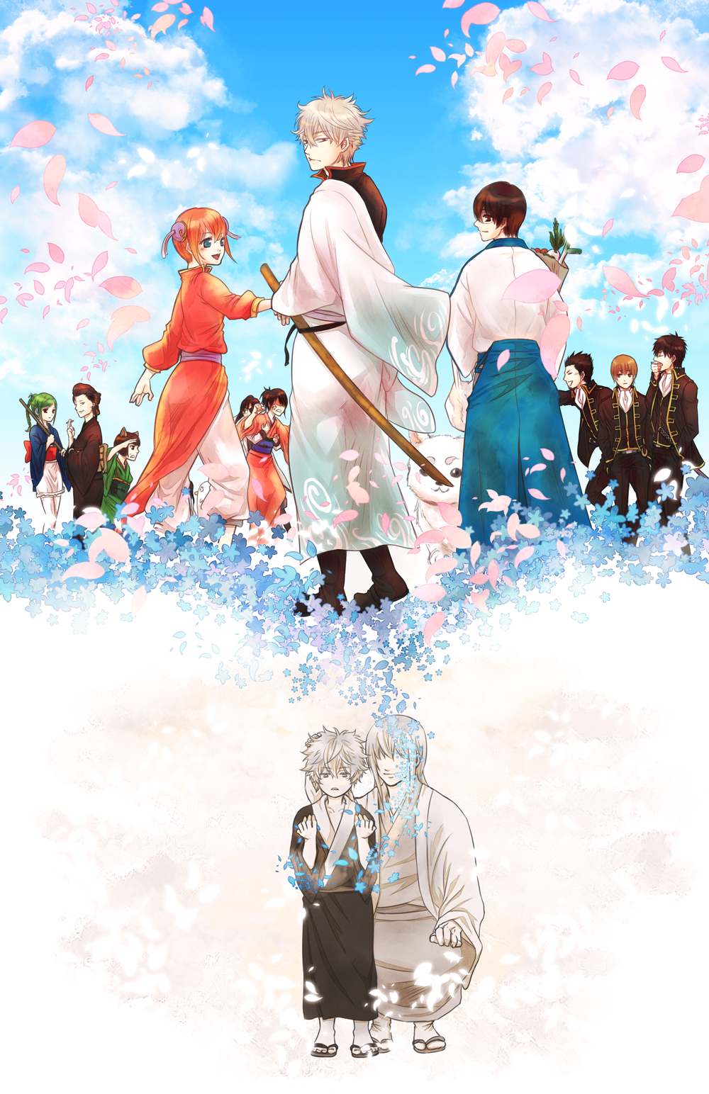 catherine_(gintama), cherry_blossoms, child, gintama, highres, hijikata_toushirou, kagura_(gintama), kondou_isao