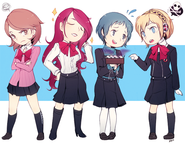 angry, aqua_hair, blonde_hair, blue_eyes, brown_hair, chibi, food, kirijou_mitsuru