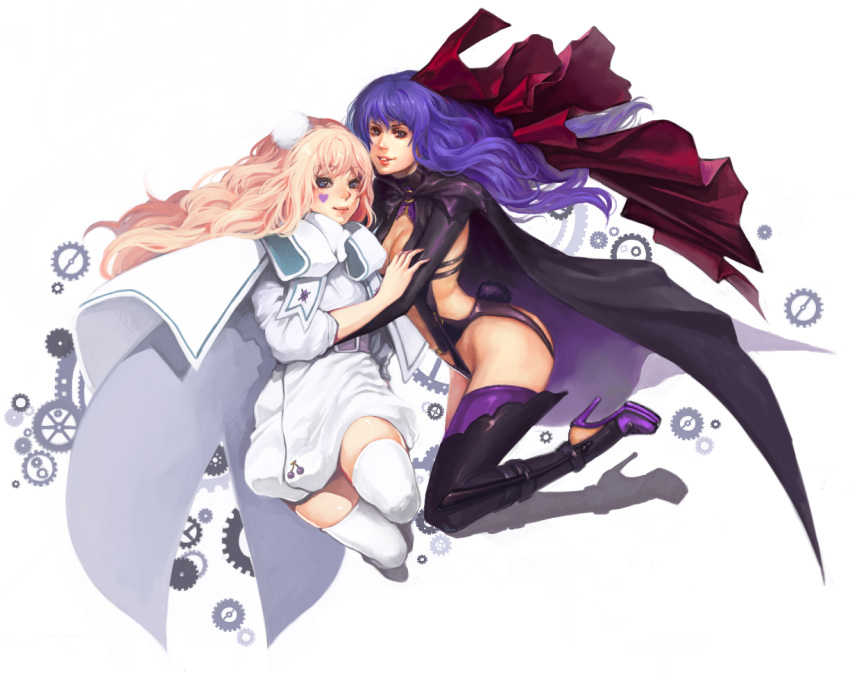 2girls, blonde_hair, blue_eyes, boots, breasts, cleavage, collaboration, dual_persona