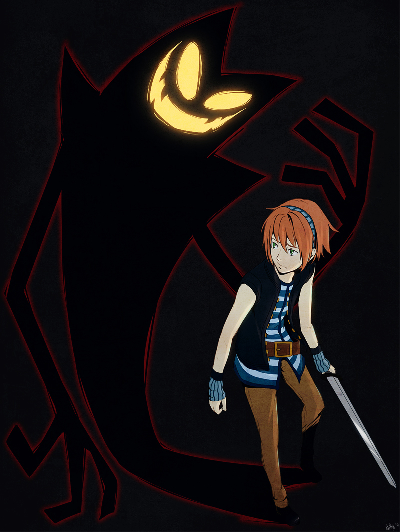 belt, boku_to_maou, brown_hair, green_eyes, jacket, lord_stanley_hihat_trinidad_xiv, ruka_(boku_to_maou), shadow