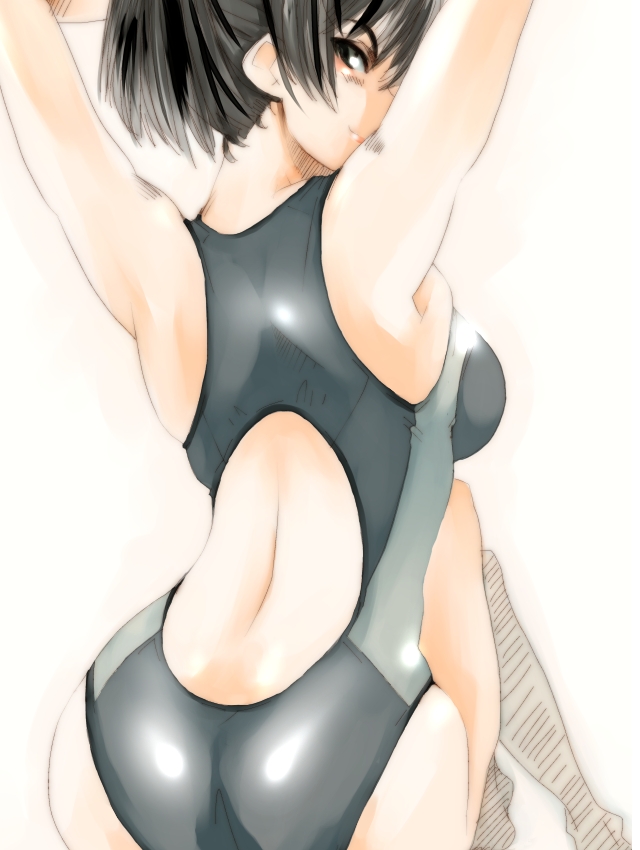 amagami, ass, black_eyes, black_hair, competition_swimsuit, from_behind, looking_back, mike156, one-piece_swimsuit, ponytail, seductive_smile, short_hair, swimsuit, tsukahara_hibiki