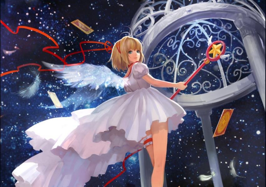 asukaziye, blonde_hair, blue_eyes, card_captor_sakura, cardcaptor_sakura, dress, feathers, garters, hair_ribbon, holding, hoshi_no_tsue, kinomoto_sakura, ribbon, sakura_card, short_hair, smile, solo, wand, white_dress, wings