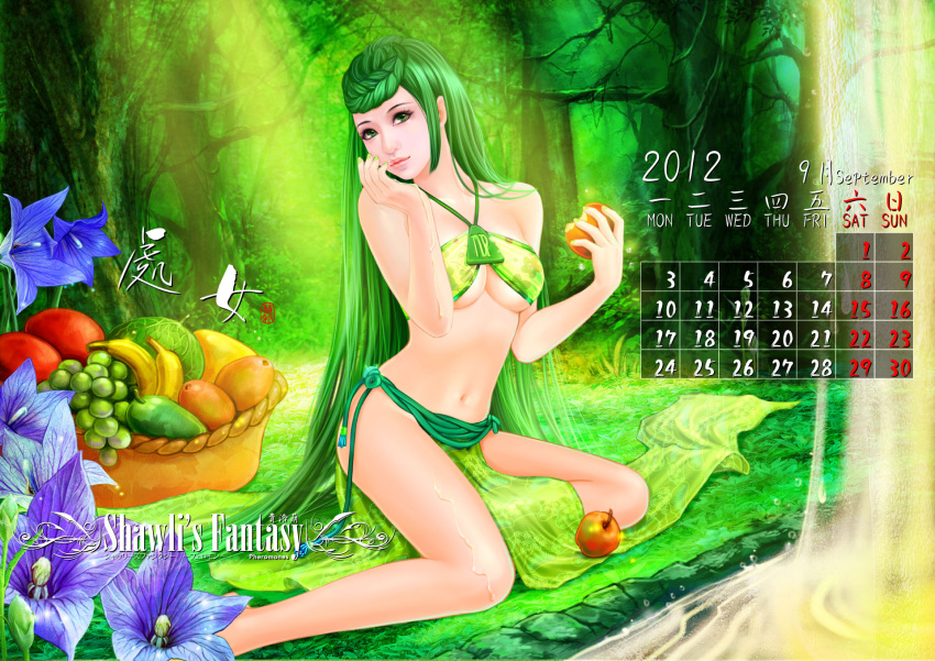 apple, banana, bare_legs, barefoot, basket, bikini_top, breasts, calendar