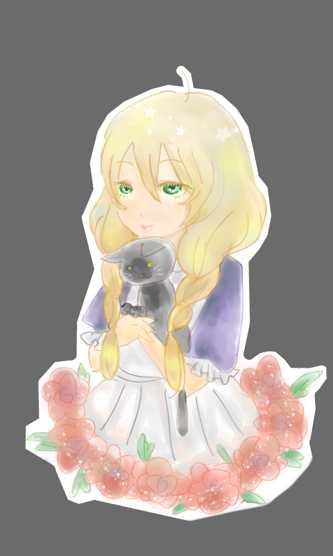 black_cat, blonde_hair, braid, cat, flower, green_eyes, majo_no_ie, rose