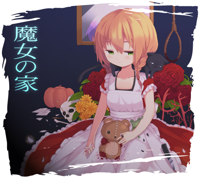 apron, black_cat, black_cat_(animal), blonde_hair, blood, bone, bottle, braid