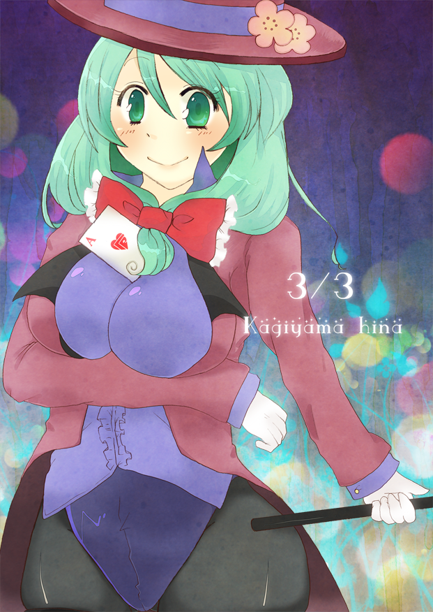 black_legwear, blush, bow, breasts, card, character_name, front_ponytail, gloves