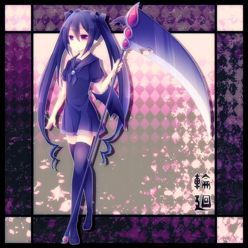 argyle, black_hair, black_legwear, bow, hair_bow, holding, kurosu_rino, long_hair