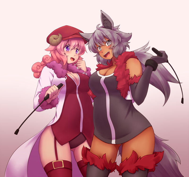animal_ears, breasts, cleavage, garter_straps, grey_eyes, grey_hair, haimiya_eren, horn