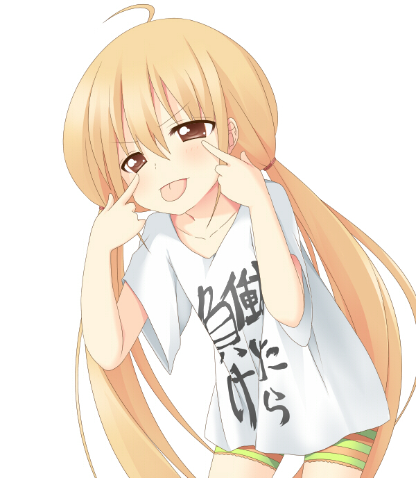 >:p, :p, akanbe, bike_shorts, blonde_hair, brown_eyes, clothes_writing, futaba_anzu