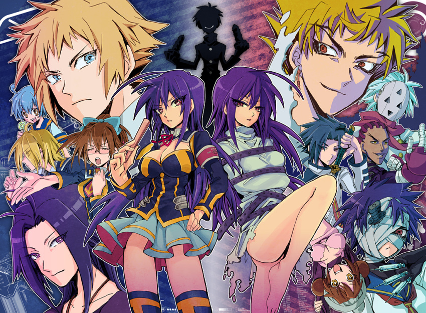 6+boys, ahoge, akune_kouki, armband, bandage, bandages, barefoot, black_skin