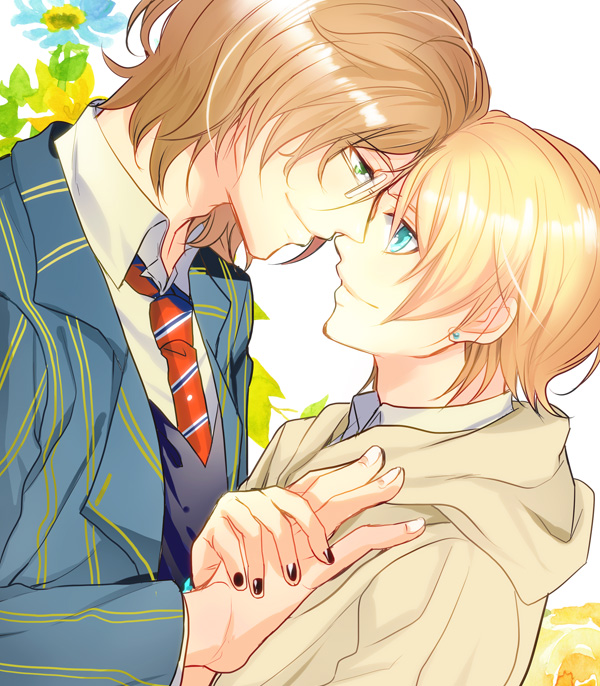 blazer, blonde_hair, blue_eyes, glasses, green_eyes, kurusu_shou, male, multiple_boys, necktie, school_uniform, shinomiya_natsuki, shoko_makiko, short_hair, smile, uta_no_prince-sama, yaoi