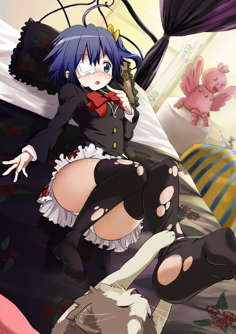:o, ahoge, ass, bed, bedroom, black_legwear, blazer, blue_eyes, blue_hair, blush, cat, chimera_(chuu2koi), chuunibyou_demo_koi_ga_shitai!, eyepatch, feet, imojin, lying, no_shoes, on_back, open_mouth, panties, plaid, plaid_skirt, school_uniform, short_hair, side_ponytail, skirt, solo, takanashi_rikka, thigh-highs, thighhighs, torn_clothes, torn_thighhighs, underwear