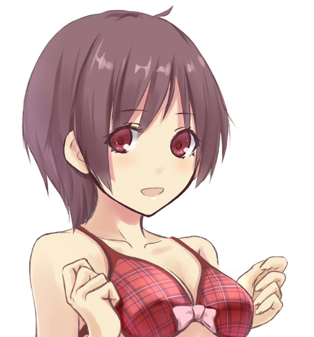 :d, bare_shoulders, bra, brown_hair, bust, chuunibyou_demo_koi_ga_shitai!, collarbone, konimaru