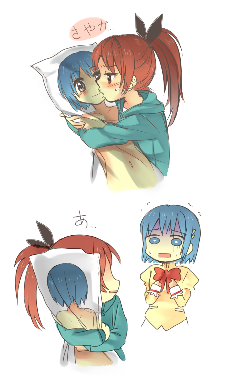 blue_eyes, blue_hair, bow, casual, caught, dakimakura, dakimakura_(object), dddoochi1, hair_bow, hair_ornament, hairclip, highres, hoodie, kiss, mahou_shoujo_madoka_magica, miki_sayaka, multiple_girls, pillow, pillow_hug, ponytail, red_eyes, red_hair, redhead, sakura_kyouko, school_uniform, short_hair, turn_pale