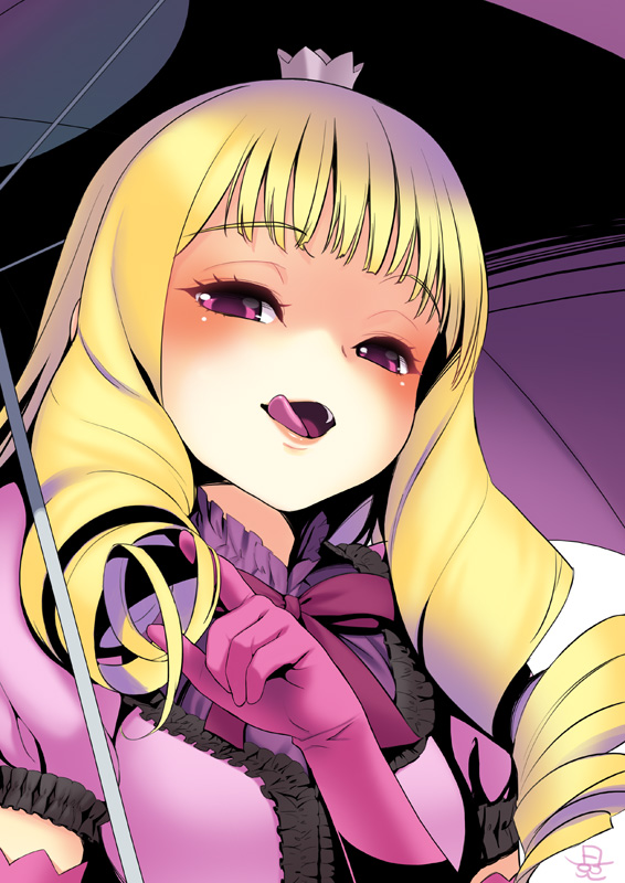 blonde_hair, blouse, blush, crown, deathsmiles, dress, drill_hair, gloves, gothic_lolita, lolita_fashion, long_hair, looking_at_viewer, naughty_face, open_mouth, oshare_kyoushitsu, purple_eyes, smile, solo, tiara_(deathsmiles), tongue, umbrella, violet_eyes