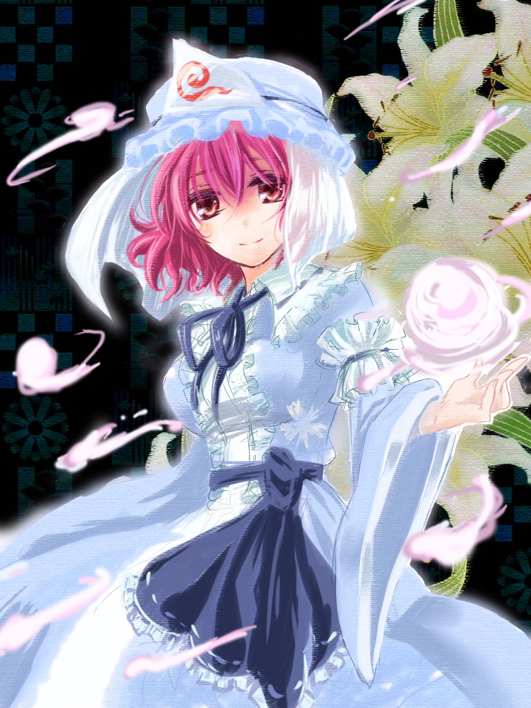 breasts, flower, hat, hitodama, japanese_clothes, long_sleeves, pink_hair, red_eyes, saigyouji_yuyuko, sash, short_hair, smile, solo, to-no, touhou, triangular_headpiece, wide_sleeves