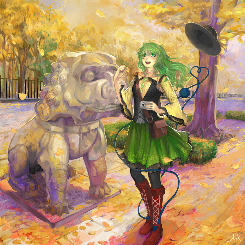 adult, bag, black_legwear, blush, boots, camera, green_eyes, green_hair