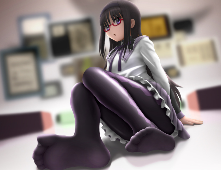 :o, akemi_homura, argyle, argyle_legwear, arm_support, bed, black_hair, black_legwear