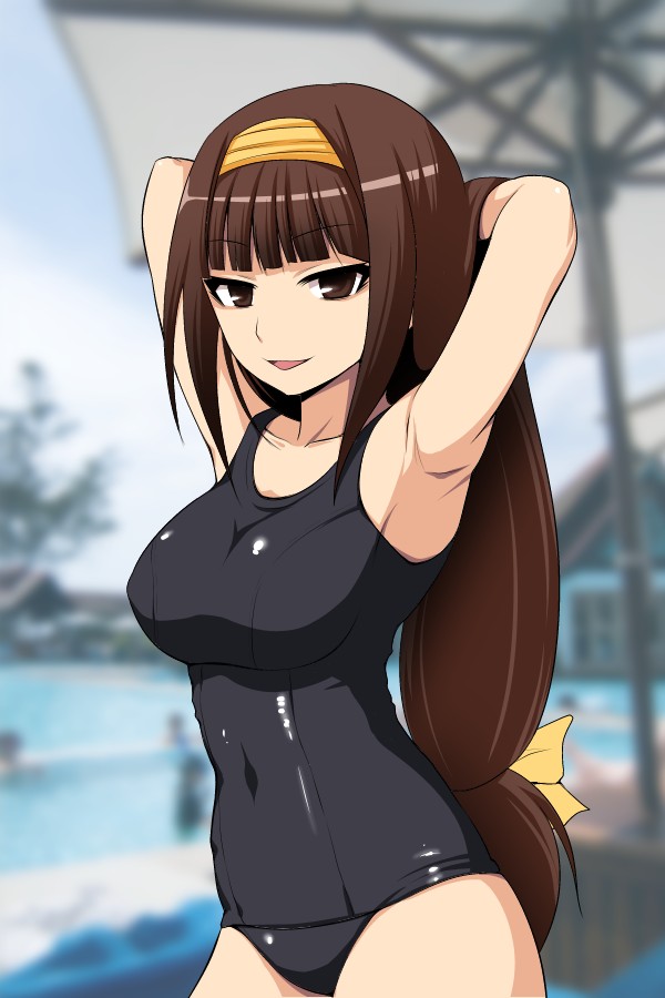 ajimu_najimi, armpits, breasts, brown_eyes, brown_hair, hairband, jiisuke, large_breasts