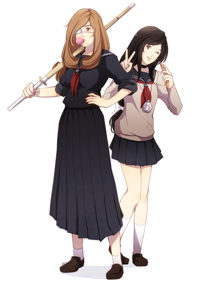 2girls, beatrix, black_hair, brown_hair, bubblegum, choker, contemporary, eyepatch
