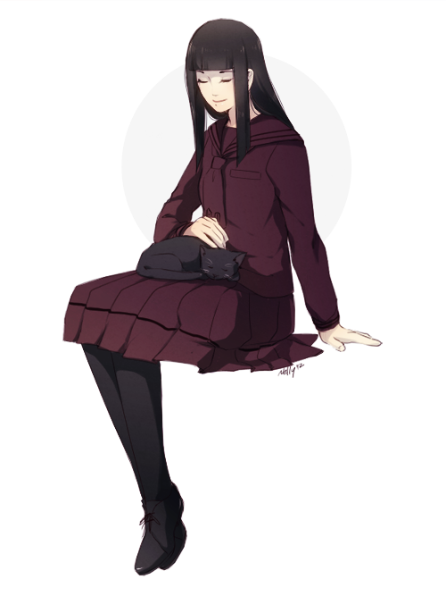 1girl, black_hair, black_legwear, cat, closed_eyes, daidoji_kaya, devil_summoner, eyes_closed