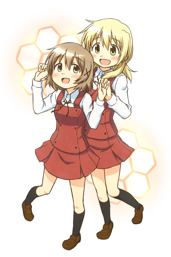 blonde_hair, blush, brown_eyes, brown_hair, hand_holding, hidamari_sketch, holding_hands, honeycomb_background